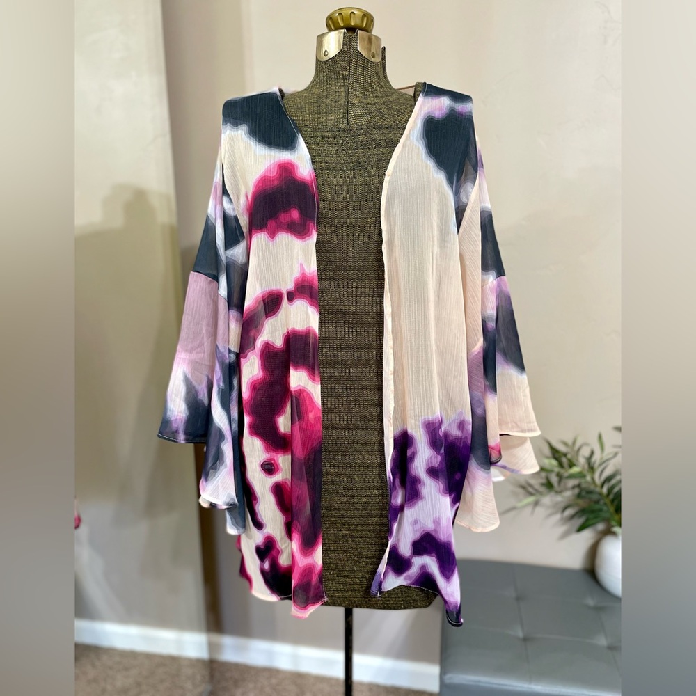 Boho Sheer Kimono Cardigan Tie Dye Bell Sleeve Chiffon Cover Up Open Front L/XL